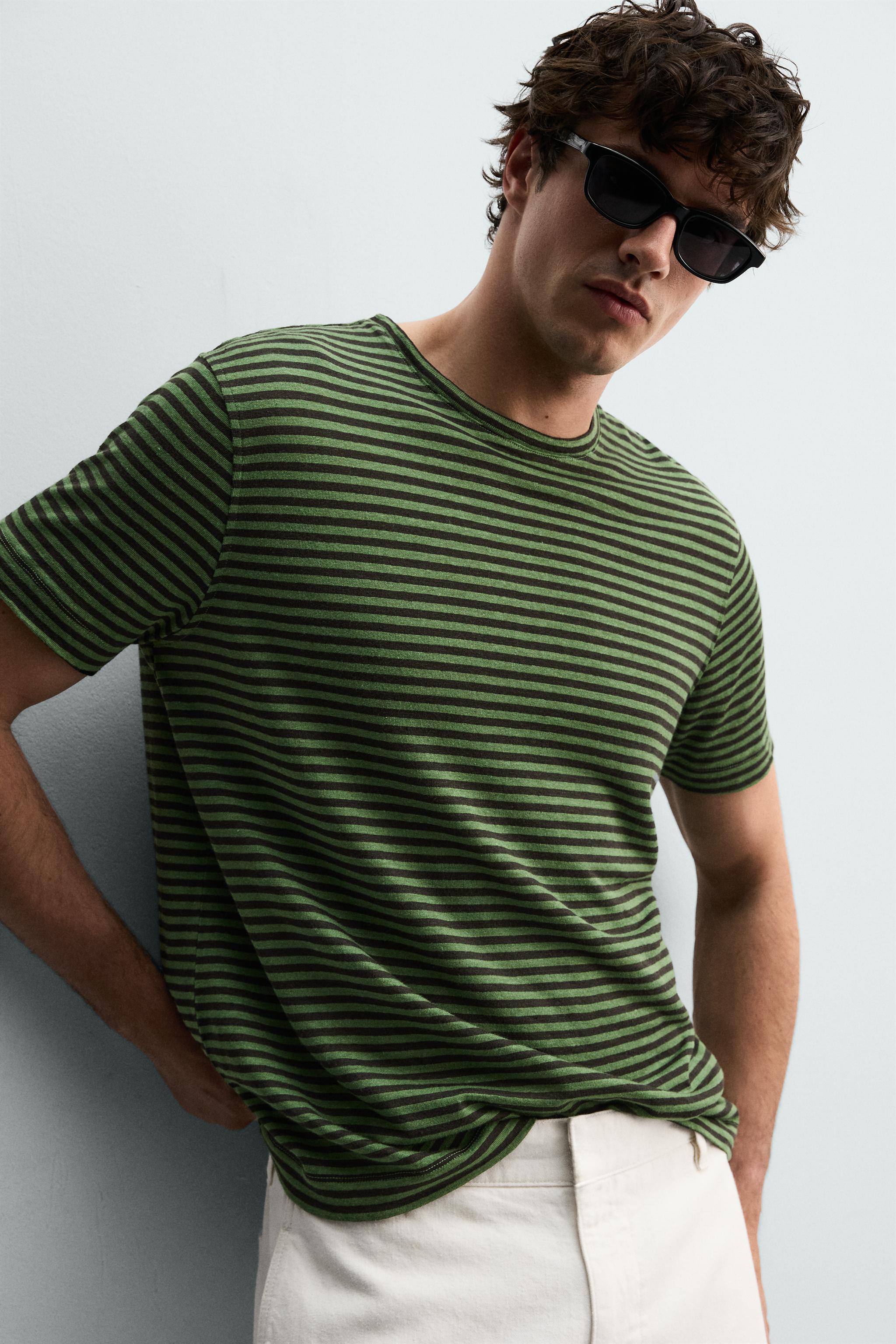 REGULAR FIT STRIPED LINEN BLEND T-SHIRT